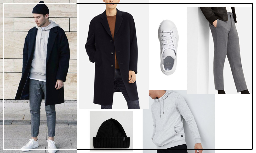 s'habiller en hiver homme look sportswear chic avec un pantalon en laine,  un hoodie et un pardessus noir