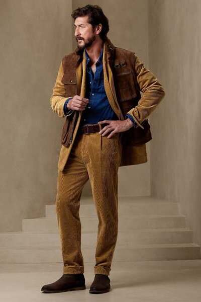 porter pantalon velours camel homme