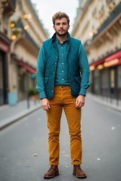 look homme avec doudoune sans manche verte et pantalon velour camel