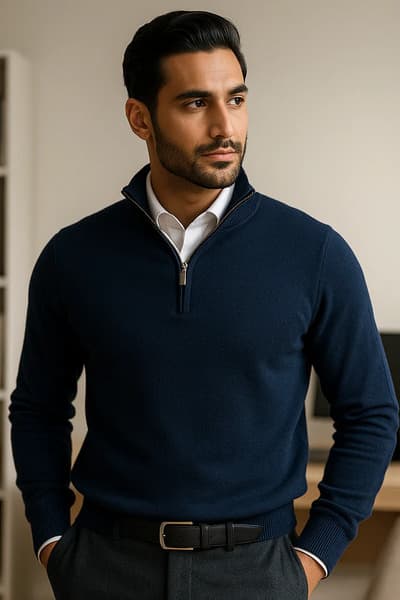 pull demi zip homme bleu marine