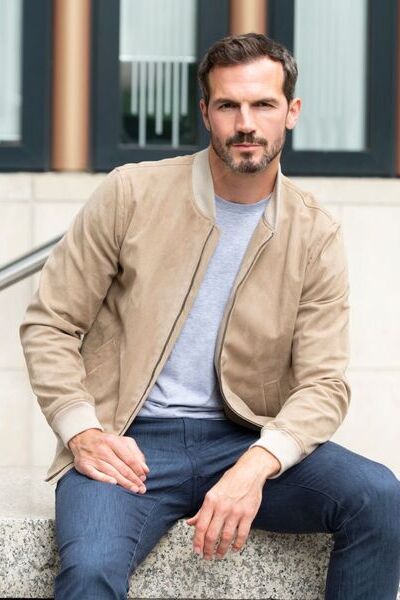 bomber homme beige cuir suede